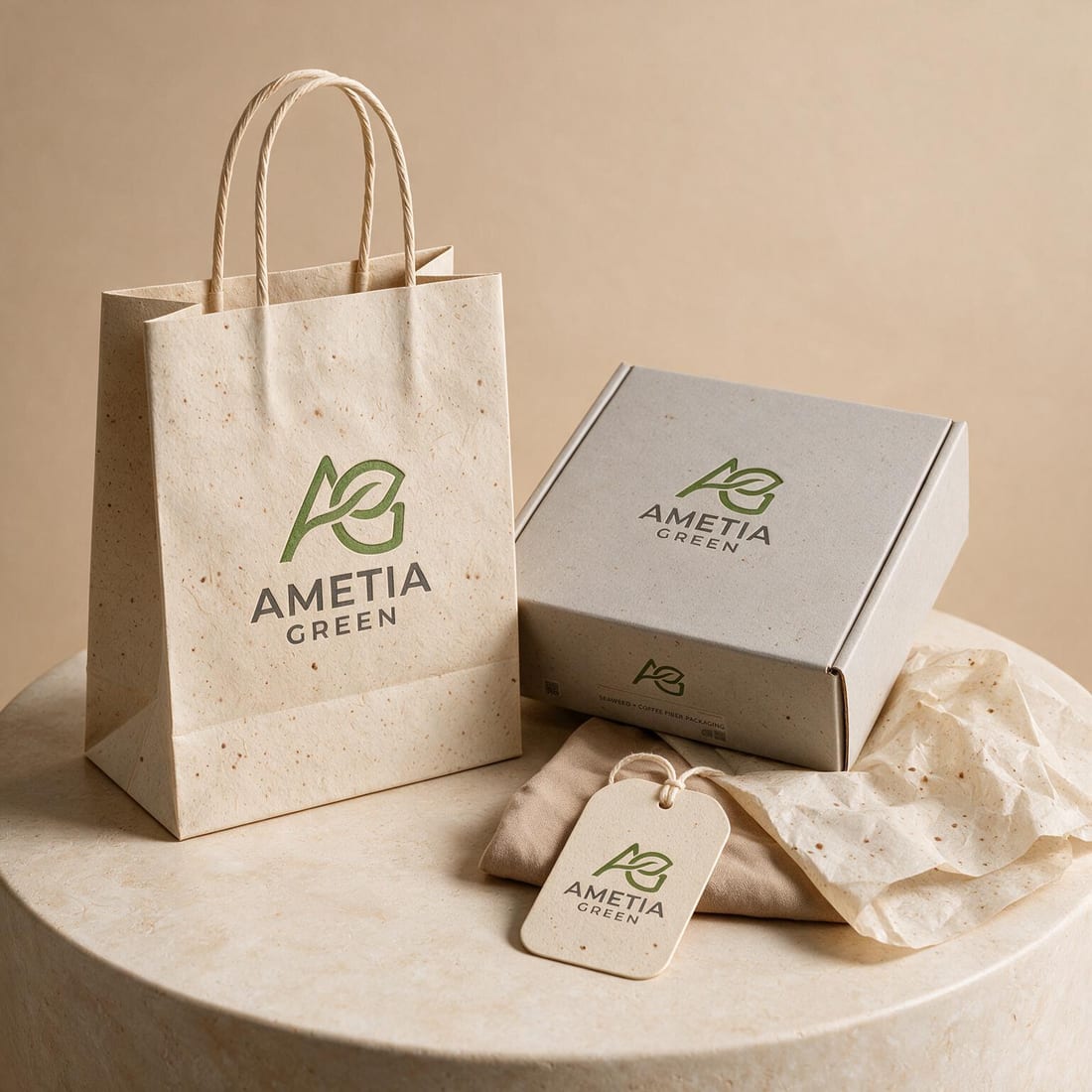 Bao bì Ametia Green làm từ rong biển và bã cà phê: túi giấy, hộp, thẻ tag và giấy gói
